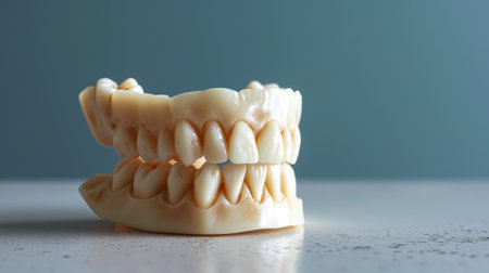 Model of human teeth set on a blue backgroundの素材