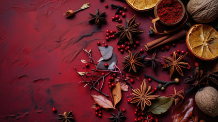 Spices and dried fruits on a textured red backdropの素材