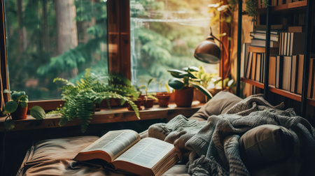 Cozy window seat with lush greenery and a bookの素材
