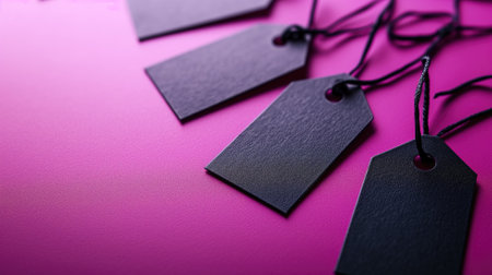 Close-up of black tags on a vibrant pink backgroundの素材