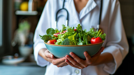 Doctor holding a bowl of fresh vegetables, promoting healthの素材