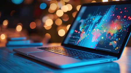 Laptop with colorful abstract visualization on the screenの素材