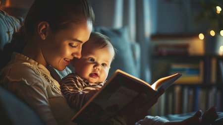 Mother and baby enjoying a book together at nightの素材