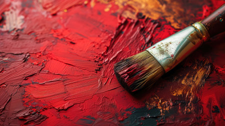 Close-up of a paintbrush on a vibrant red painted surfaceの素材