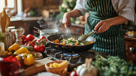 Chef cooking vegetables in a pan with steam rising in a homey kitchenの素材