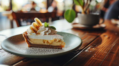 Slice of banana cream pie on a plate with a coffee shop backdropの素材