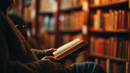 A person reading a book in a libraryの素材
