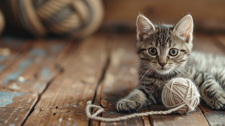 A playful kitten with a ball of yarn on a rustic wooden floorの素材