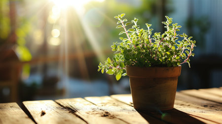 Potted herb in sunlight on wooden surfaceの素材