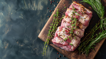 Seasoned raw pork tied with string on boardの素材