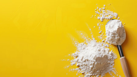 Flour scattered on a yellow surface with a measuring scoopの素材