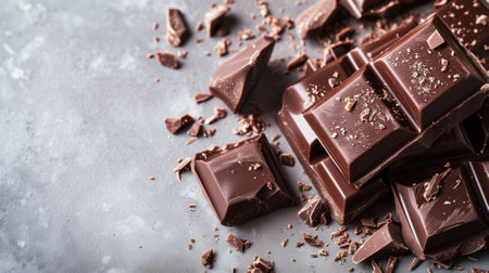 Dark chocolate bar pieces with crumbs on a surfaceの素材