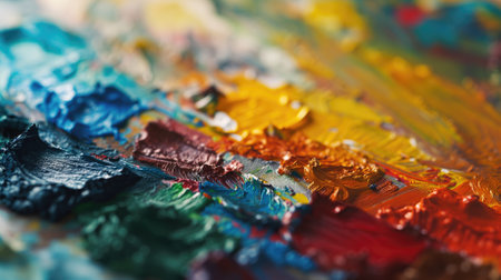 Close-up of vibrant oil paint strokes on canvasの素材