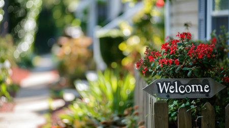 Inviting welcome sign amidst vibrant garden flowersの素材