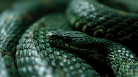 Close-up of green snake scales with a focus on the headの素材