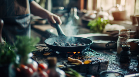 Cooking in action: chef stirring a pan on a stove with steamの素材