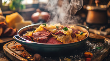 Steamy corned beef and cabbage in a rustic kitchen settingの素材