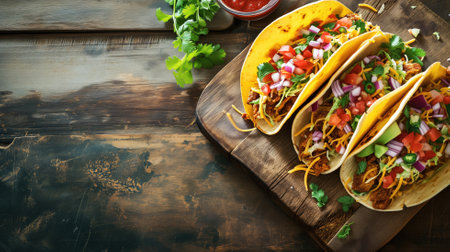 Crunchy tacos with toppings on a rustic wooden surfaceの素材