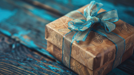 Elegant gift with blue ribbon on a rustic wooden backgroundの素材
