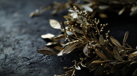 Golden leaves and berries on a dark textured backgroundの素材