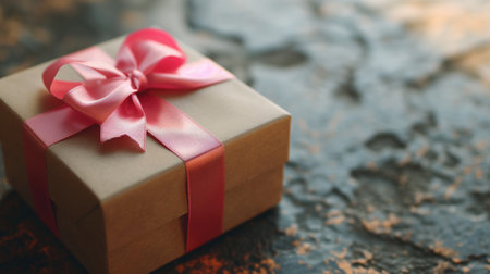 Brown gift box with pink ribbon on a textured surfaceの素材