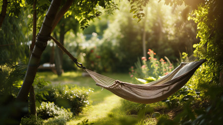 A serene hammock tied between trees in a lush garden at sunsetの素材