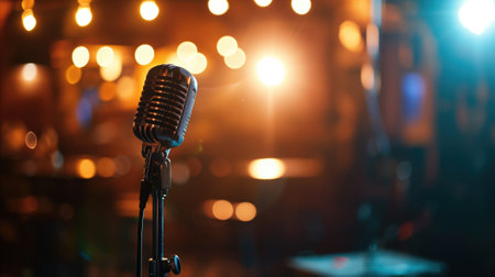 Vintage microphone on a stand, spotlighted with a warm bokeh backgroundの素材