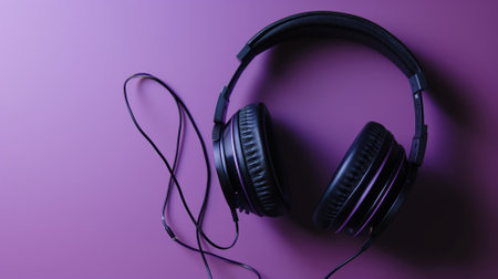 A sleek pair of headphones against a muted purple backgroundの素材
