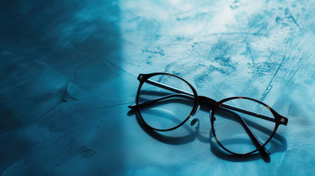 Stylish glasses on a textured blue surface with shadowsの素材