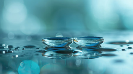 Contact lenses on a reflective surface with dropletsの素材