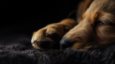 Close-up of a sleeping puppy's face and paws on a soft blanketの素材