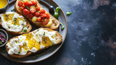 Melba toast with poached eggs and roasted tomatoes on a plateの素材