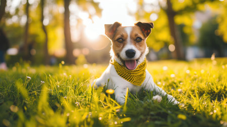 A joyful dog in a yellow bandana sits in sunlit grassの素材