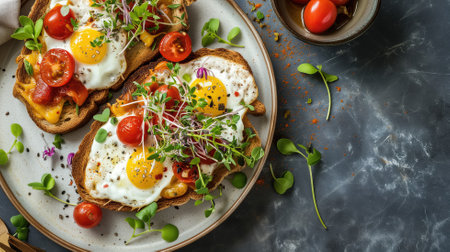 Melba toast topped with eggs, tomatoes, and microgreensの素材