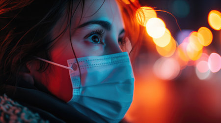 Young woman with a surgical mask on a colorful city street at nightの素材