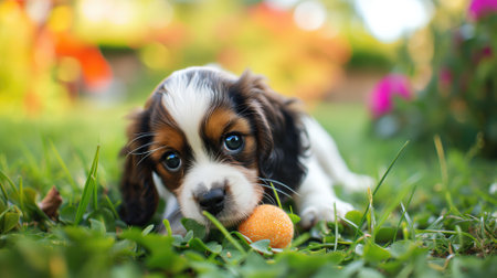 A puppy lying in grass with a toy ballの素材