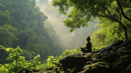 Person meditating in a lush forest with sunraysの素材