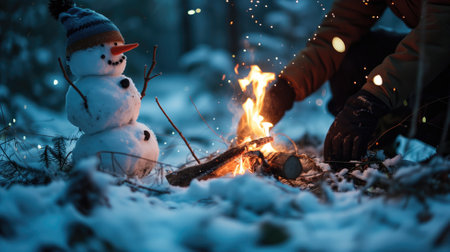 Snowman beside a campfire in a winter night settingの素材