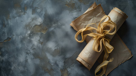 Top view of a scrolled paper tied with a gold ribbon on a grey surfaceの素材