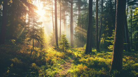Sunlight streams through a tranquil forest, illuminating the underbrushの素材