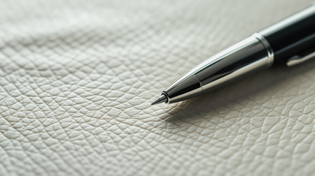 Elegant pen on white textured leather backgroundの素材