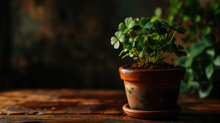 Shamrock plant in a classic terracotta pot on a wooden tableの素材