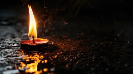 Close-up of a candle flame on a dark wet surfaceの素材
