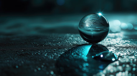 A glowing glass orb on a dark, wet surface with light reflectionsの素材