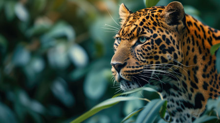 Leopard with a focused gaze in the greeneryの素材