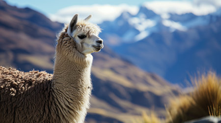 Alpaca with a soft coat stands against a mountain backdropの素材