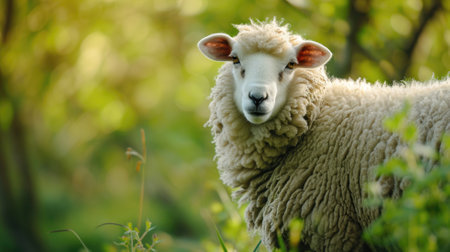 Sheep standing in a lush green field with a soft focus backgroundの素材