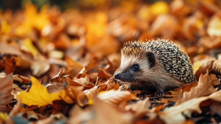 Curious hedgehog amidst fallen leaves during autumnの素材