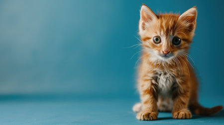 Small kitten with amber fur on a contrasting blue backdropの素材