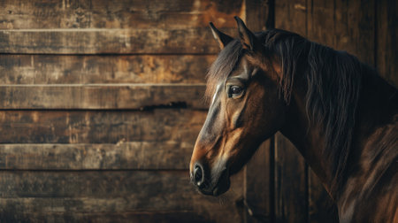 Close-up of a horse's head against a rustic wooden backgroundの素材